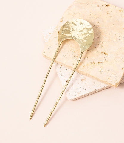 Hammered Crescent Brass Hair Pin - Gold