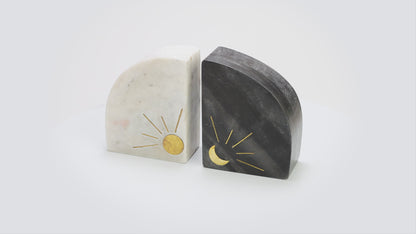 Indukala Sun and Moon Marble Bookends - Black, White, Brass